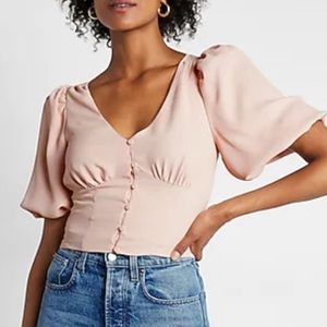 Express V-neck button front puff sleeve crop top